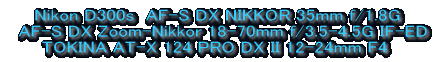Nikon D300s  AF-S DX NIKKOR 35mm f/1.8G   AF-S DX Zoom-Nikkor 18-70mm f/3.5-4.5G IF-ED TOKINA AT-X 124 PRO DX II 12-24mm F4  