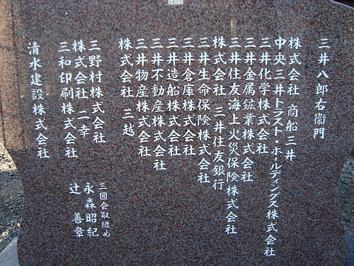 三柱鳥居がある三囲神社の三井グループの社名が書かれた石碑