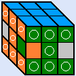 上段・下段の側面と中段のセンターキューブの色が揃ったルービックキューブの図