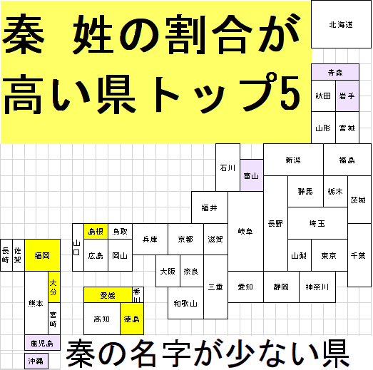 秦 姓が多い県を示す日本地図