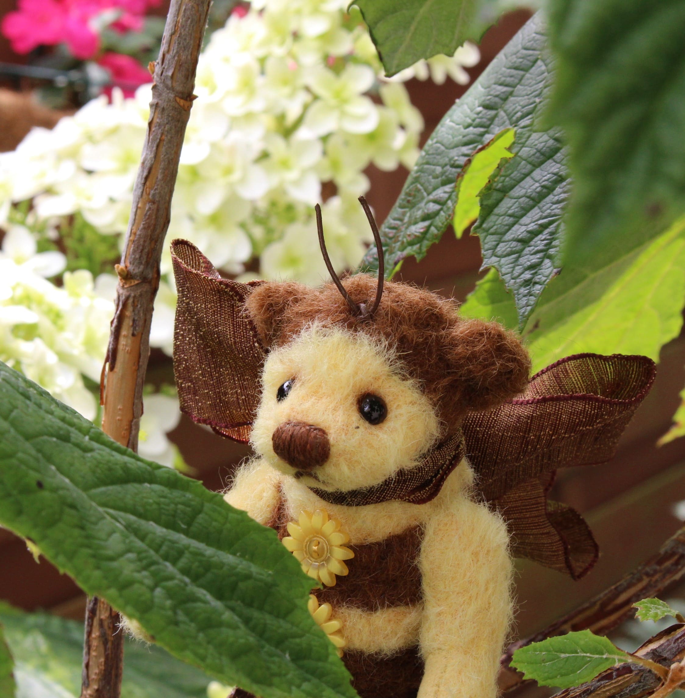 Bee Nana, 4.7 inchies bear wearing costume of bee,
                  made from hand dyed alpaca.<br>Bee Nana has been adopted. Many thanks!