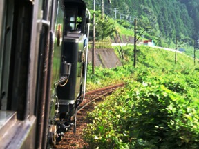 写真4−3:塩郷駅下流の右カーブを走るSL。