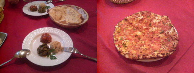 イスタンブールランチコースの一部、前菜と一品料理のピザ