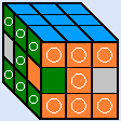 上段・下段の側面と中段のセンターキューブの色が揃ったルービックキューブの図