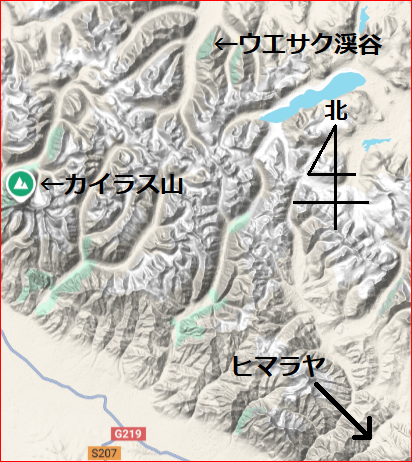 ウエサク渓谷とカイラス山の位置関係を示す地図